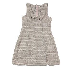 Storia Pink Tweed Mini Dress Bow V-Neck Sleeveless A-Line Slit Large Preppy Chic